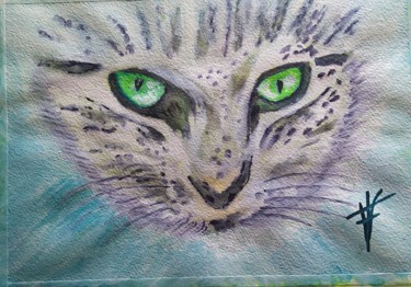 Painting titled "Cabeza gato" by Vidal Fernández Richart, Original Artwork, Watercolor