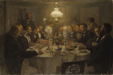 Malerei mit dem Titel "Réunion d'artistes" von Viggo Johansen, Original-Kunstwerk, Öl