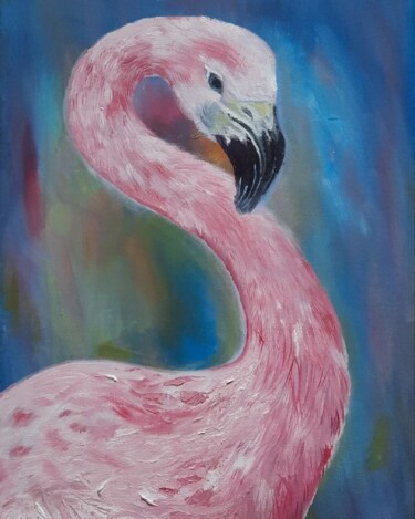 Картина под названием "Фламинго" - Vika Gumarova, Подлинное произведение искусства, Масло Установлен на Другая жесткая панель