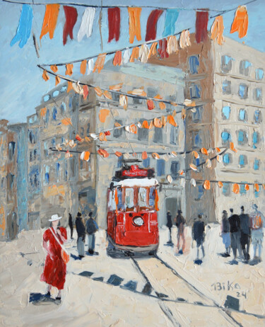 Peinture intitulée "Red tram" par Viktoriia Slavinska, Œuvre d'art originale, Huile