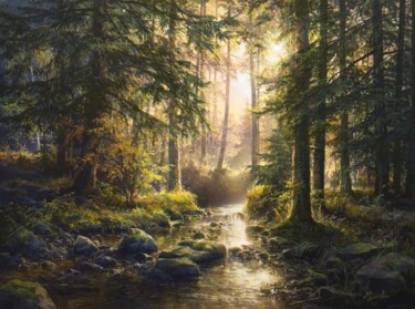 Картина под названием "Quiet forest stream" - Viktar Yushkevich Yuvart, Подлинное произведение искусства, Акрил