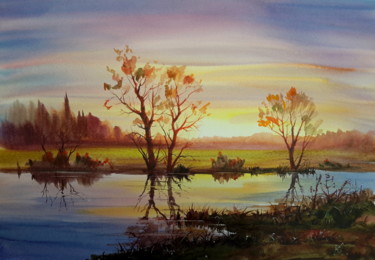 "Evening on the river" başlıklı Tablo Viktor Kovalev tarafından, Orijinal sanat, Suluboya