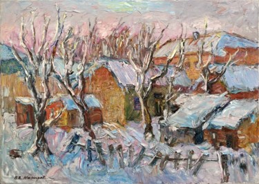 Painting titled "Winter in the villa…" by Viktor Makarov, Original Artwork, Oil Mounted on Wood Stretcher frame