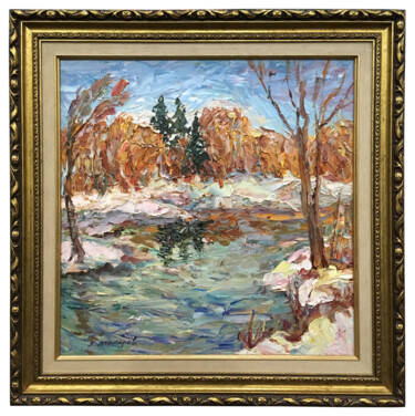 Painting titled "Winter shore, oil p…" by Viktor Makarov, Original Artwork, Oil Mounted on Wood Stretcher frame