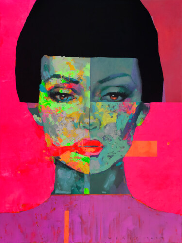 Painting titled "lady's face in Pink" by Viktor Sheleg, Original Artwork, Oil Mounted on Wood Stretcher frame