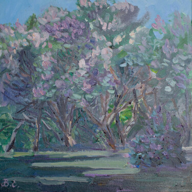 Schilderij getiteld "LILAC GARDEN" door Viktoria Eremina, Origineel Kunstwerk, Olie Gemonteerd op Frame voor houten brancard