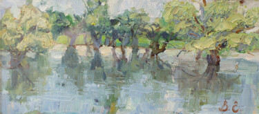 Painting titled "FLOODED TREES" by Viktoria Eremina, Original Artwork, Oil Mounted on Wood Stretcher frame