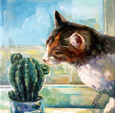 Painting titled "Painting Cat and Ca…" by Viktoriia Gubareva, Original Artwork, Oil