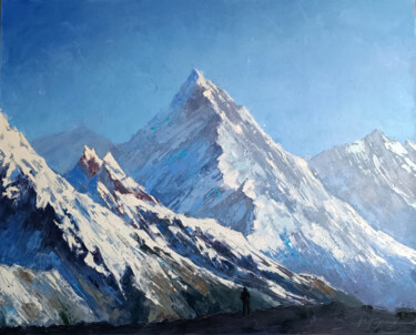 Painting titled ""Man and mountains"…" by Viktoriia Kerner, Original Artwork, Oil Mounted on Wood Stretcher frame