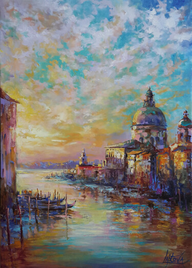 Schilderij getiteld "Venice at sunset ,…" door Viktoria Lapteva, Origineel Kunstwerk, Olie Gemonteerd op Frame voor houten b…