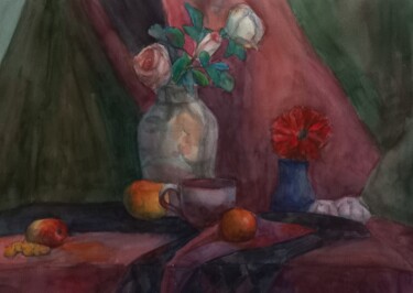 Pintura titulada "Натюрморт с розами" por Viktoria Nikitina, Obra de arte original, Acuarela