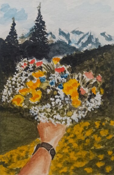 Malerei mit dem Titel "Flower 🌹🌸" von Viktoria Palamarchuk, Original-Kunstwerk, Aquarell