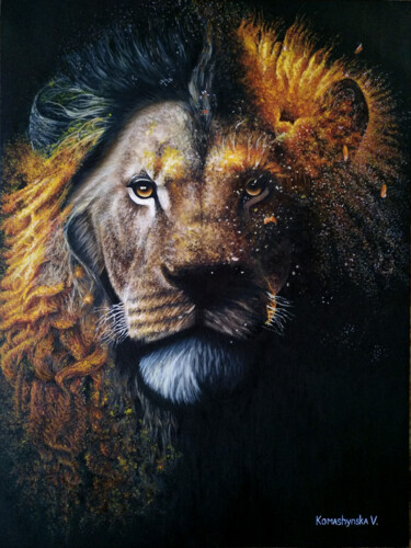 Painting titled "Lion on fire" by Viktoriia Komashinskaia, Original Artwork, Oil