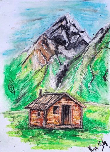 Drawing titled "A house in the moun…" by Viktoriia Kush, Original Artwork, Pastel