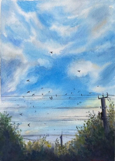 Peinture intitulée "Swallows in my yard" par Viktoriia Kyrylenko, Œuvre d'art originale, Aquarelle