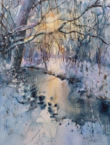 Painting titled "In the winter forest" by Viktoriia Lebedynska, Original Artwork, Watercolor