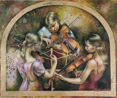 Painting titled "Young Violinists" by Viktorija Bulava Viktorija Bulava, Original Artwork, Acrylic Mounted on Wood Stretcher…