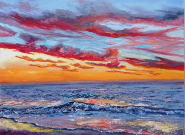 绘画 标题为“Red Sunset Sea Pain…” 由Viktoriya Filipchenko, 原创艺术品, 油 安装在木质担架架上