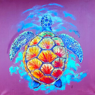 Painting titled "The Bright Turtle O…" by Viktoriya Filipchenko, Original Artwork, Oil Mounted on Wood Stretcher frame