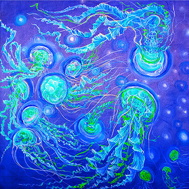 Pintura intitulada "Jellyfish underwate…" por Viktoriya Filipchenko, Obras de arte originais, Óleo Montado em Armação em mad…