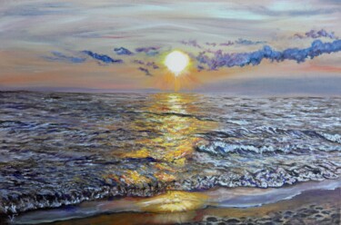 Painting titled "Amber Ocean At Suns…" by Viktoriya Filipchenko, Original Artwork, Oil Mounted on Wood Stretcher frame