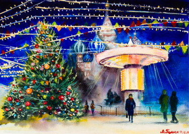 Картина под названием "Christmas carousel…" - Виктория Гаман, Подлинное произведение искусства, Акварель