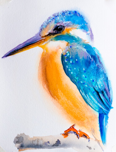 Pintura intitulada "Kingfisher. White b…" por Viktoriia Gaman, Obras de arte originais, Aquarela