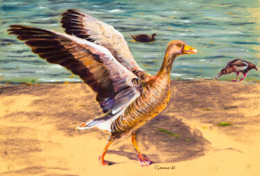 Painting titled "Gray wild goose. Pa…" by Viktoriia Gaman, Original Artwork, Pastel