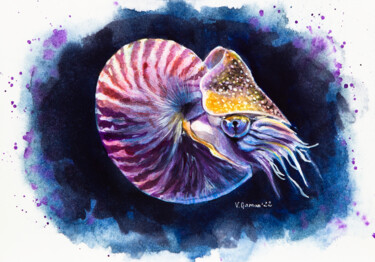 Pintura intitulada "Nautilus in ocean w…" por Viktoriia Gaman, Obras de arte originais, Aquarela