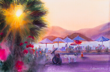 Malerei mit dem Titel "Calis beach at suns…" von Viktoriia Gaman, Original-Kunstwerk, Aquarell