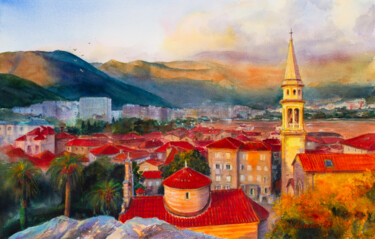 Pintura intitulada "Budva, old town. Wa…" por Viktoriia Gaman, Obras de arte originais, Aquarela