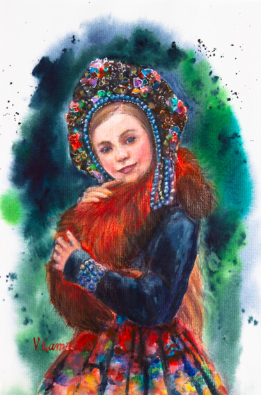 Pittura intitolato "A girl in a kokoshn…" da Viktoriia Gaman, Opera d'arte originale, Acquarello