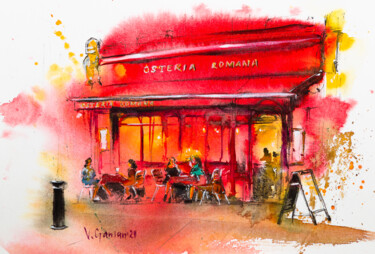 Malarstwo zatytułowany „Street cafe in Ital…” autorstwa Виктория Гаман, Oryginalna praca, Akwarela