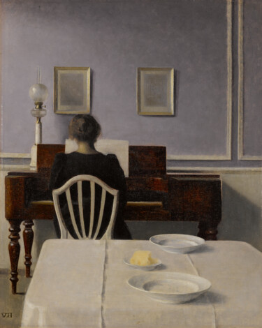 Painting titled "Intérieur avec pian…" by Vilhelm Hammershøi, Original Artwork, Oil