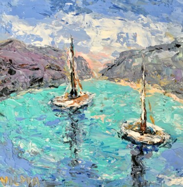 Schilderij getiteld "White Sailboats Imp…" door Vilma Gataveckiene, Origineel Kunstwerk, Olie