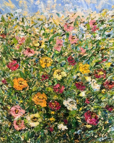 Pintura intitulada "Strawflowers Garden…" por Vilma Gataveckiene, Obras de arte originais, Óleo
