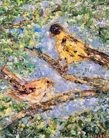 Schilderij getiteld "Colorful Birds Impa…" door Vilma Gataveckiene, Origineel Kunstwerk, Olie