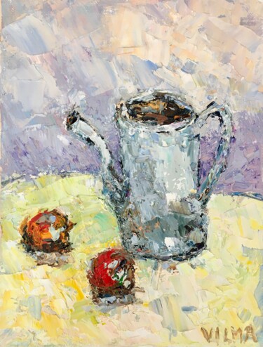Schilderij getiteld "Teapot And Apples I…" door Vilma Gataveckiene, Origineel Kunstwerk, Olie