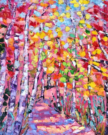 Painting titled "Trees Path Impasto…" by Vilma Gataveckiene, Original Artwork, Oil