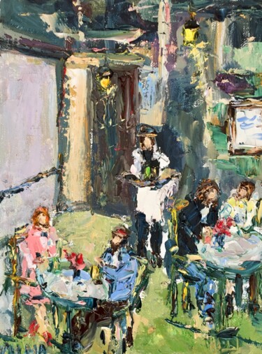 Schilderij getiteld "Paris Cafe Oil Pain…" door Vilma Gataveckiene, Origineel Kunstwerk, Olie