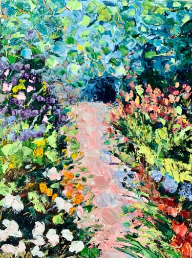 Painting titled "Blooming Garden Lan…" by Vilma Gataveckiene, Original Artwork, Oil