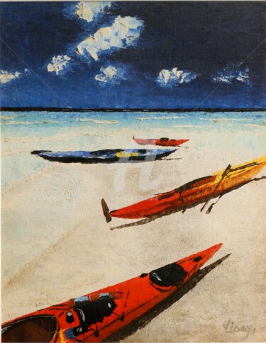 绘画 标题为“boats-on-the-beach.…” 由Vinay Babar, 原创艺术品, 油