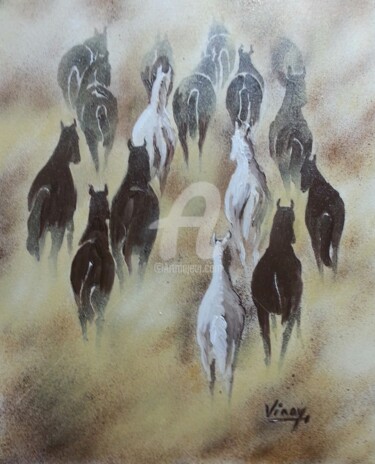 Pintura intitulada "horses-at-dusk.jpg" por Vinay Babar, Obras de arte originais, Óleo