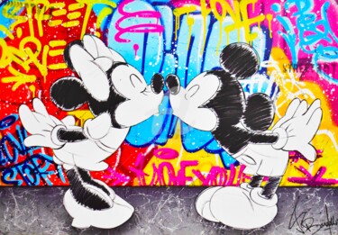 Painting titled "MINNIE AND MICKEY L…" by Vincent Bardou, Original Artwork, Acrylic Mounted on Wood Stretcher frame