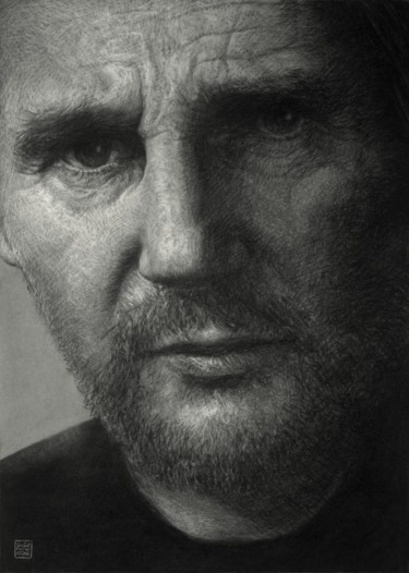 Drawing titled "Liam Neeson" by Vincent Haller, Original Artwork, Charcoal Mounted on Cardboard