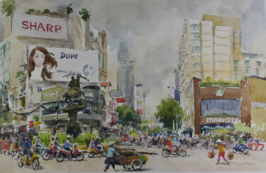 Painting titled "Starbuck Saigon" by Vincent Monluc, Original Artwork, Watercolor