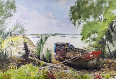 Pintura intitulada "Berges du Mekong, T…" por Vincent Monluc, Obras de arte originais, Aquarela