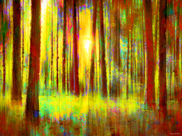 Painting titled "Sous bois jaune" by Vincent Sébart, Original Artwork, Digital Painting Mounted on Wood Stretcher frame