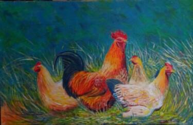Painting titled "Poules et coq" by Vincent Thoviste, Original Artwork, Acrylic