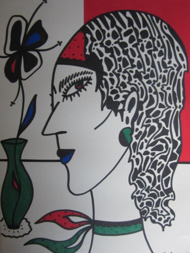 Peinture intitulée "Femme Et Vase" par Vincent Cheikh, Œuvre d'art originale, Marqueur